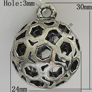 Hollow Bali Pendants Zinc Alloy Jewelry Findings, Lead-free Round 30x24mm Hole:3mm, Sold by PC