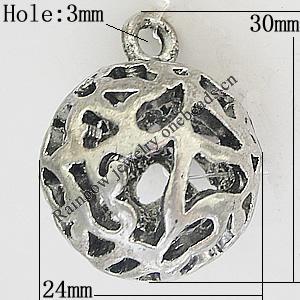 Hollow Bali Pendants Zinc Alloy Jewelry Findings, Lead-free Round 30x24mm Hole:3mm, Sold by PC