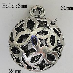 Hollow Bali Pendants Zinc Alloy Jewelry Findings, Lead-free Round 30x24mm Hole:3mm, Sold by PC