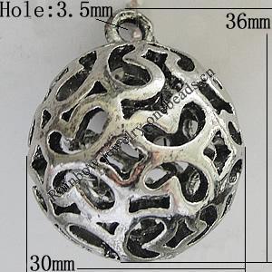 Hollow Bali Pendants Zinc Alloy Jewelry Findings, Lead-free Round 36x30mm Hole:3.5mm, Sold by PC