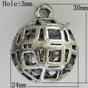 Hollow Bali Pendants Zinc Alloy Jewelry Findings, Lead-free Round 30x24mm Hole:3mm, Sold by PC