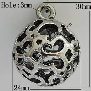 Hollow Bali Pendants Zinc Alloy Jewelry Findings, Lead-free Round 30x24mm Hole:3mm, Sold by PC