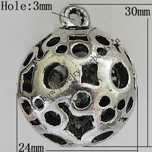 Hollow Bali Pendants Zinc Alloy Jewelry Findings, Lead-free Round 30x24mm Hole:3mm, Sold by PC