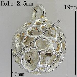 Hollow Bali Pendants Zinc Alloy Jewelry Findings, Lead-free Round 19x15mm Hole:2.5mm, Sold by PC