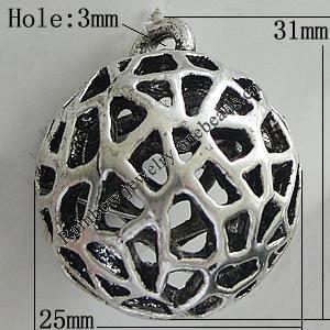 Hollow Bali Pendants Zinc Alloy Jewelry Findings, Lead-free Round 31x25mm Hole:3mm, Sold by PC