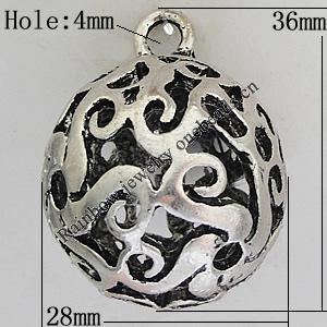 Hollow Bali Pendants Zinc Alloy Jewelry Findings, Lead-free Round 36x28mm Hole:4mm, Sold by PC