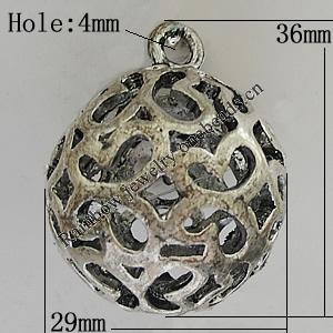 Hollow Bali Pendants Zinc Alloy Jewelry Findings, Lead-free Round 36x29mm Hole:4mm, Sold by PC