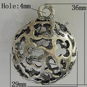 Hollow Bali Pendants Zinc Alloy Jewelry Findings, Lead-free Round 36x29mm Hole:4mm, Sold by PC