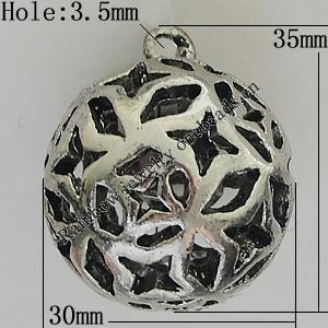 Hollow Bali Pendants Zinc Alloy Jewelry Findings, Lead-free Round 36x30mm Hole:3.5mm, Sold by PC