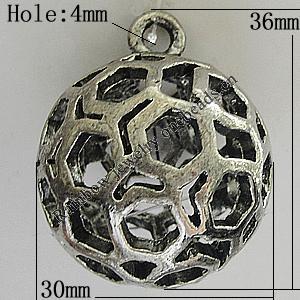 Hollow Bali Pendants Zinc Alloy Jewelry Findings, Lead-free Round 36x30mm Hole:3.5mm, Sold by PC