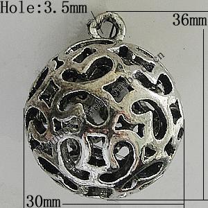 Hollow Bali Pendants Zinc Alloy Jewelry Findings, Lead-free Round 36x30mm Hole:3.5mm, Sold by PC