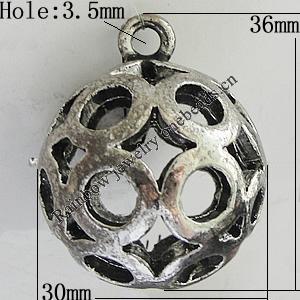 Hollow Bali Pendants Zinc Alloy Jewelry Findings, Lead-free Round 36x30mm Hole:3.5mm, Sold by PC