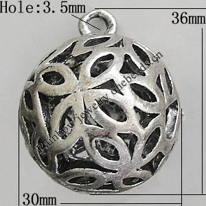 Hollow Bali Pendants Zinc Alloy Jewelry Findings, Lead-free Round 36x30mm Hole:3.5mm, Sold by PC