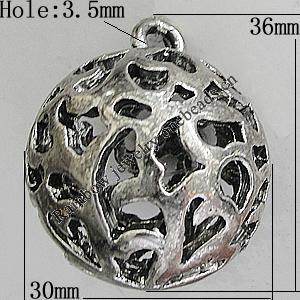 Hollow Bali Pendants Zinc Alloy Jewelry Findings, Lead-free Round 35x30mm Hole:3.5mm, Sold by PC