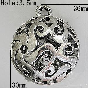 Hollow Bali Pendants Zinc Alloy Jewelry Findings, Lead-free Round 36x30mm Hole:3.5mm, Sold by PC