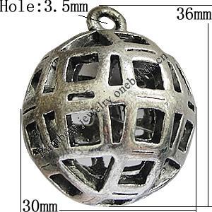 Hollow Bali Pendants Zinc Alloy Jewelry Findings, Lead-free Round 36x30mm Hole:3.5mm, Sold by PC