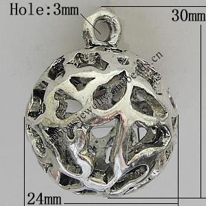 Hollow Bali Pendants Zinc Alloy Jewelry Findings, Lead-free Round 30x24mm Hole:3mm, Sold by PC