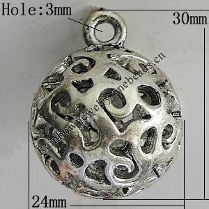 Hollow Bali Pendants Zinc Alloy Jewelry Findings, Lead-free Round 30x24mm Hole:3mm, Sold by PC