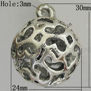 Hollow Bali Pendants Zinc Alloy Jewelry Findings, Lead-free Round 30x24mm Hole:3mm, Sold by PC