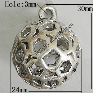 Hollow Bali Pendants Zinc Alloy Jewelry Findings, Lead-free Round 30x24mm Hole:3mm, Sold by PC