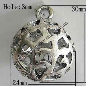 Hollow Bali Pendants Zinc Alloy Jewelry Findings, Lead-free Round 30x24mm Hole:3mm, Sold by PC