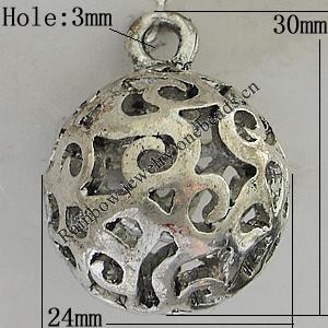 Hollow Bali Pendants Zinc Alloy Jewelry Findings, Lead-free Round 30x24mm Hole:3mm, Sold by PC