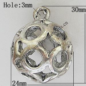 Hollow Bali Pendants Zinc Alloy Jewelry Findings, Lead-free Round 30x24mm Hole:3mm, Sold by PC