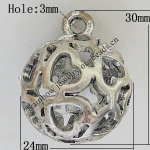 Hollow Bali Pendants Zinc Alloy Jewelry Findings, Lead-free Round 30x24mm Hole:3mm, Sold by PC