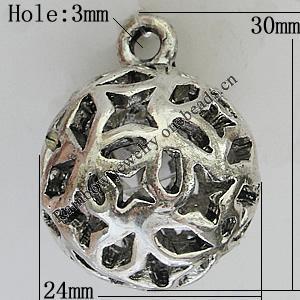 Hollow Bali Pendants Zinc Alloy Jewelry Findings, Lead-free Round 30x24mm Hole:3mm, Sold by PC