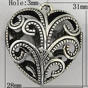 Copper Pendant Jewelry Findings Lead-free, Heart 31x28mm Hole:3mm Sold by Bag	