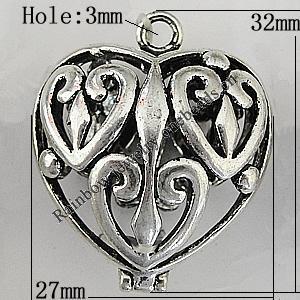Copper Pendant Jewelry Findings Lead-free, Heart 32x27mm Hole:3mm Sold by Bag	