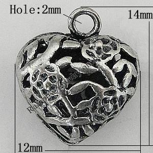 Copper Pendant Jewelry Findings Lead-free, Heart 14x12mm Hole:2mm, Sold by Bag