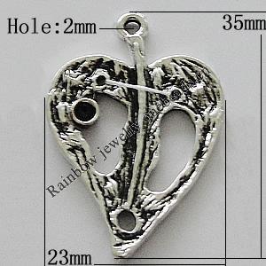 Pendant Zinc Alloy Jewelry Findings Lead-free, Heart 35x23mm Hole:2mm, Sold by Bag