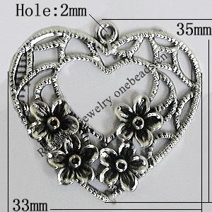 Pendant Zinc Alloy Jewelry Findings Lead-free, Heart 33x35mm Hole:2mm, Sold by Bag