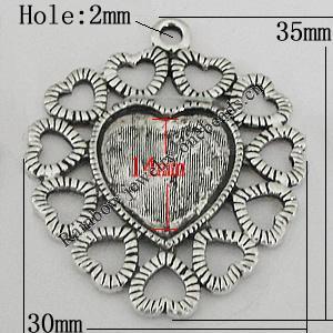 Zinc Alloy Cabochon Settings, Heart 35x30mm Hole:2mm, Sold by Bag
