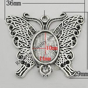 Zinc Alloy Cabochon Settings, Butterfly 36x29mm Hole:2mm, Sold by Bag