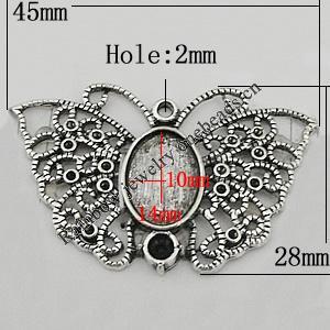 Zinc Alloy Cabochon Settings, Butterfly 45x28mm Hole:2mm, Sold by Bag
