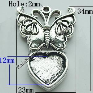 Zinc Alloy Cabochon Settings, Butterfly 34x23mm Hole:2mm, Sold by Bag