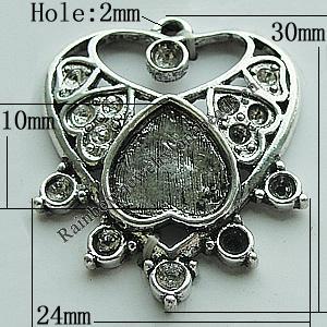 Zinc Alloy Cabochon Settings, Heart 30x24mm Hole:2mm, Sold by Bag