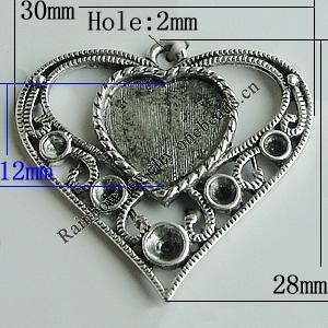 Zinc Alloy Cabochon Settings, Heart 28x30mm Hole:2mm, Sold by Bag