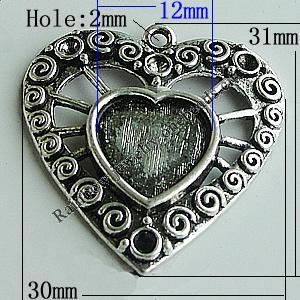 Zinc Alloy Cabochon Settings, Heart 31x30mm Hole:2mm, Sold by Bag
