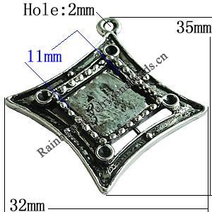 Zinc Alloy Cabochon Settings, Diamond 35x32mm Hole:2mm, Sold by Bag