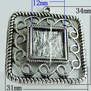 Zinc Alloy Cabochon Settings, Square 34x31mm Hole:2mm, Sold by Bag