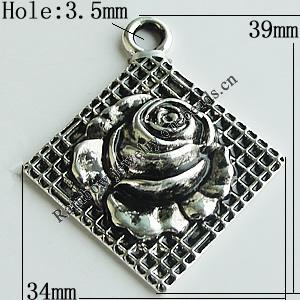 Zinc Alloy Pendant, Lead-free Diamond 39x34mm Hole:3.5mm, Sold by Bag