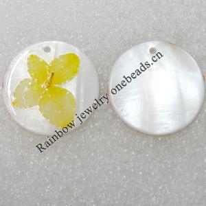 Natural Shell Pendant with Inner Flower, Flat Round, 30mm, Hole:Approx 2mm, Sold by PC