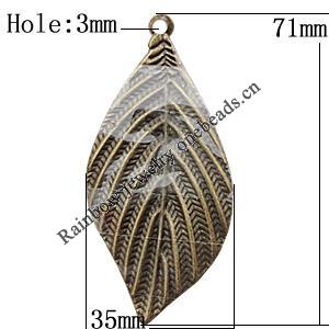 Iron Jewelry Finding Pendant Lead-free, Leaf 35x71mm Hole:3mm, Sold by Bag