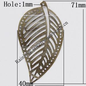 Iron Jewelry Finding Pendant Lead-free, Leaf 40x71mm Hole:1mm, Sold by Bag