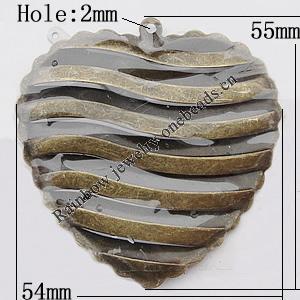 Iron Jewelry Finding Pendant Lead-free, Heart 54x55mm Hole:2mm, Sold by Bag