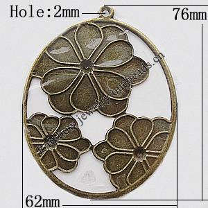 Iron Jewelry Finding Pendant Lead-free, Flat Oval 62x76mm Hole:2mm, Sold by Bag