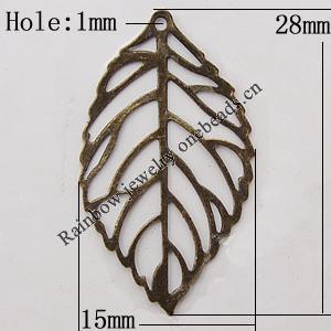 Iron Jewelry Finding Pendant Lead-free, Leaf 15x28mm Hole:0.5mm, Sold by Bag